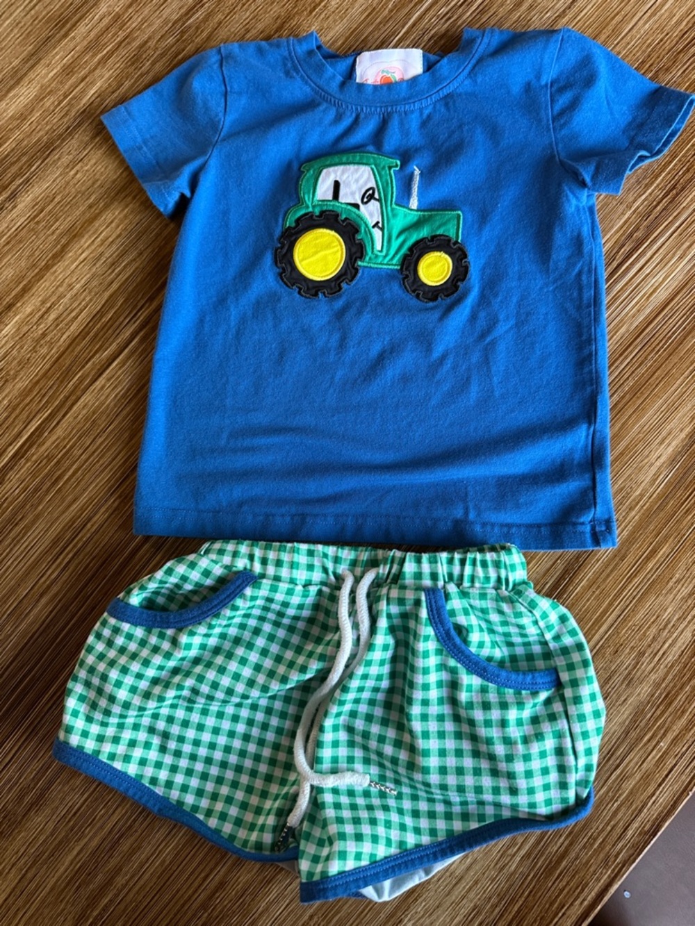 Blue Tractor Tee and Green Gingham Shorts Kids Matching Set